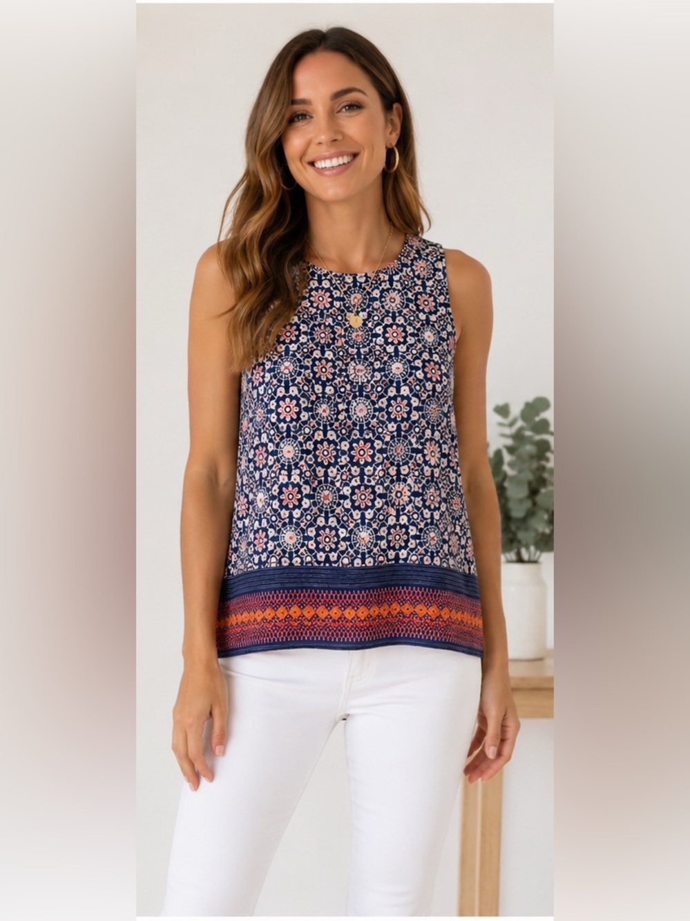 Renee C. Geometric Print Navy Orange Sleeveless Blouse Split V Back Size M